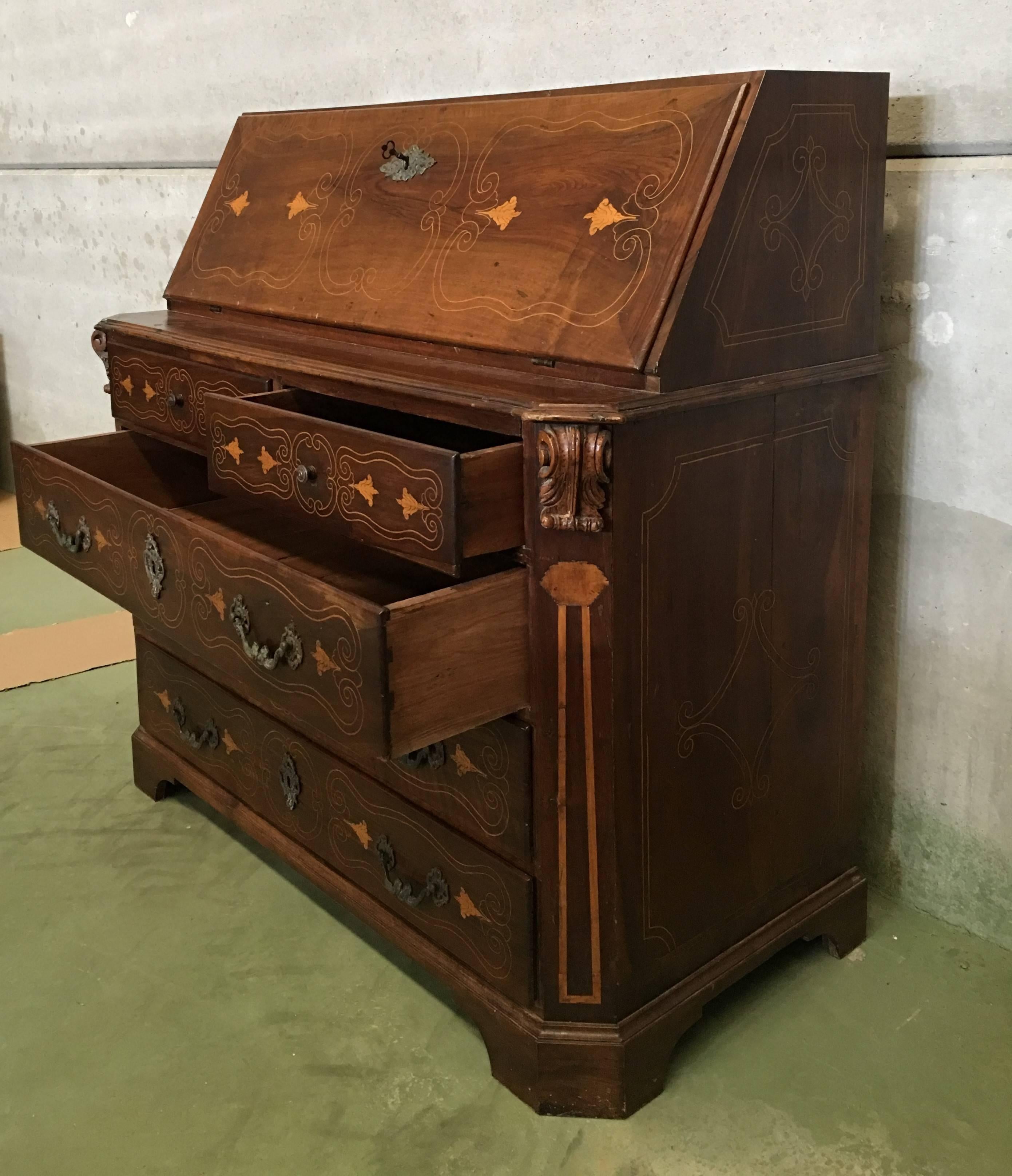 Maple 18th Century Spanish Walnut Marquetry, Chest of Drawers with Flap