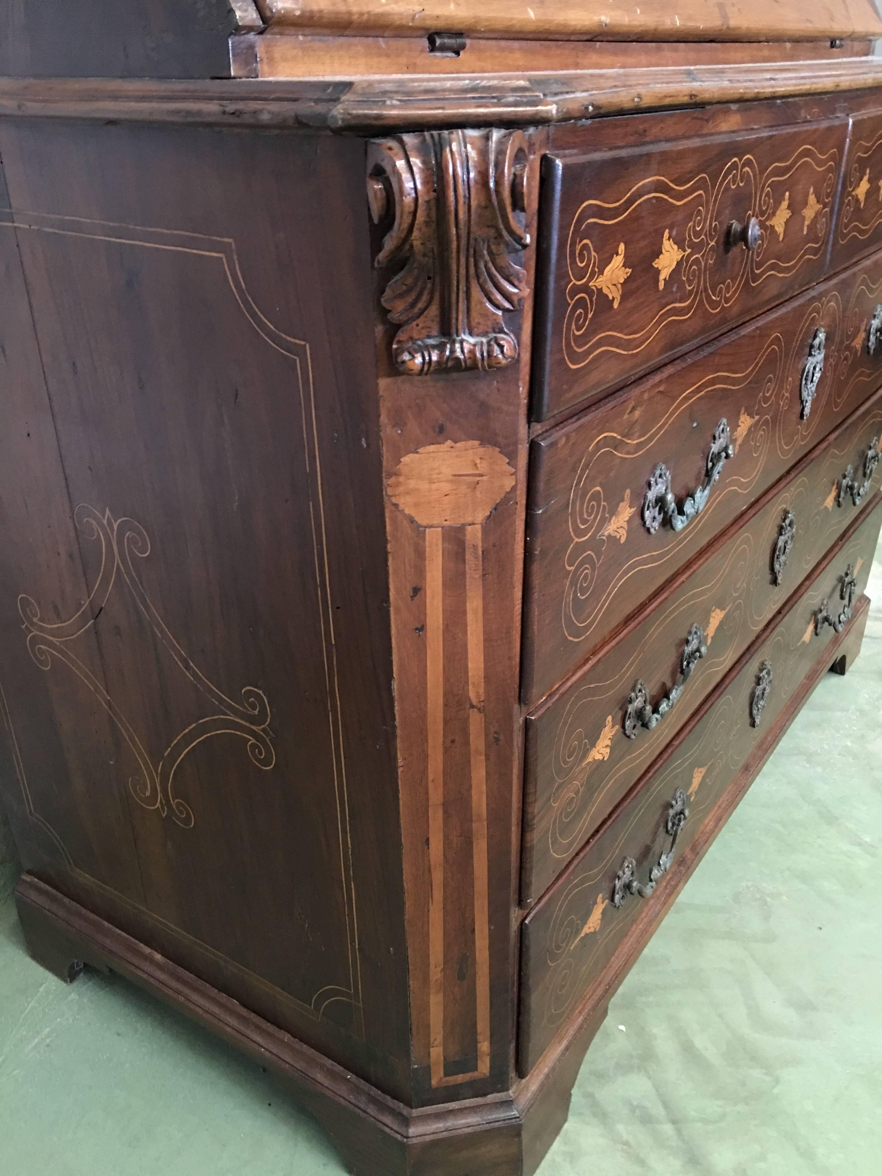 18th Century Spanish Walnut Marquetry, Chest of Drawers with Flap For Sale 1
