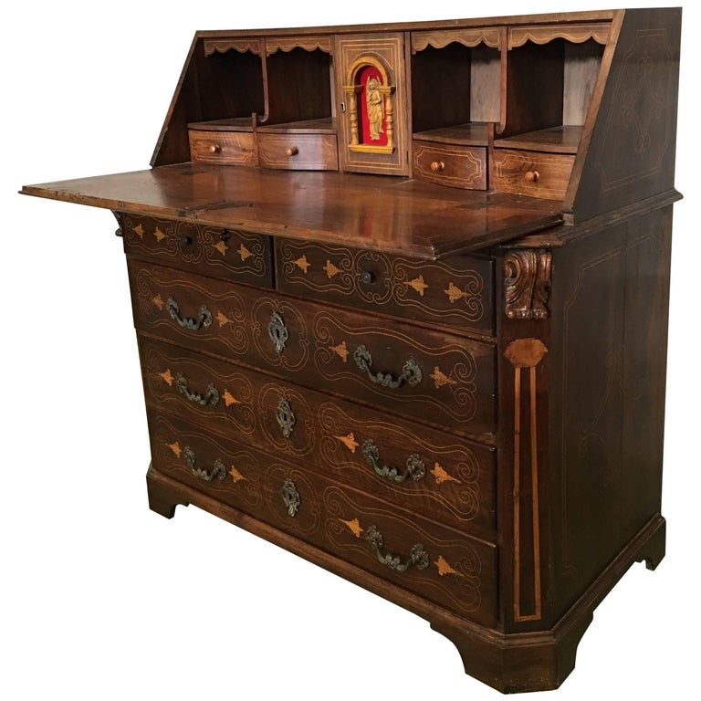 18th Century Spanish Walnut Marquetry Chest Of Drawers With Flap