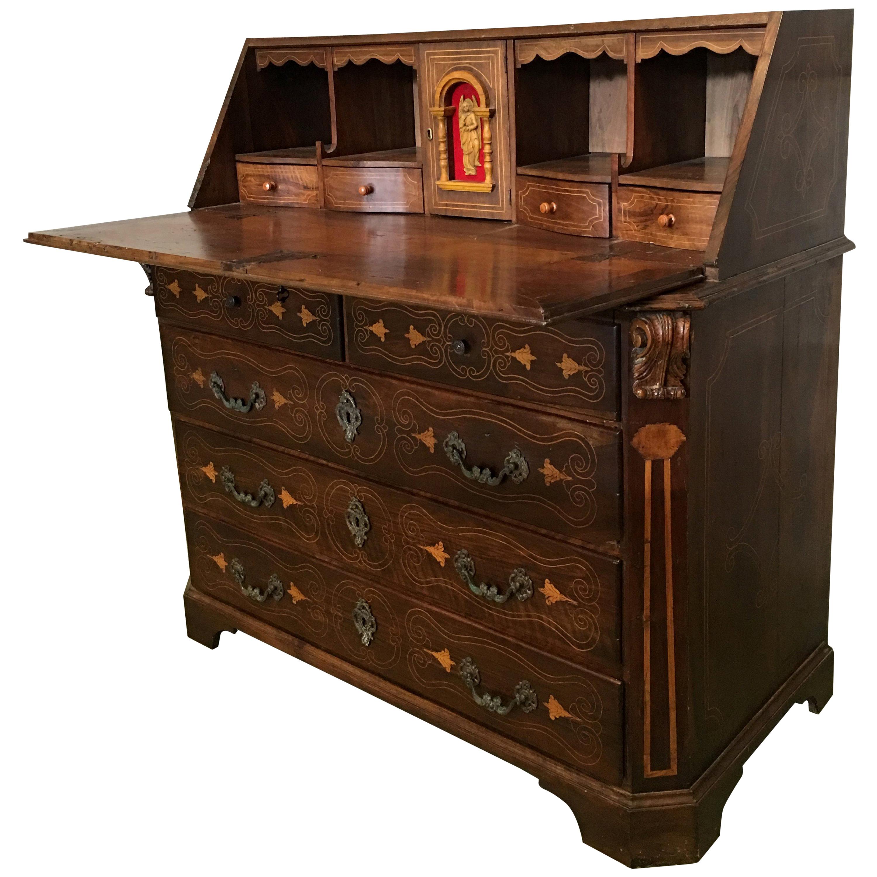 18th Century Spanish Walnut Marquetry, Chest of Drawers with Flap For Sale