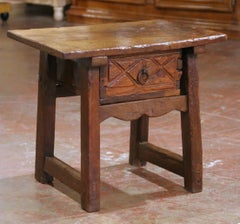 18th Century Spanish Walnut Single Plank Top Side Table with Carved Drawer