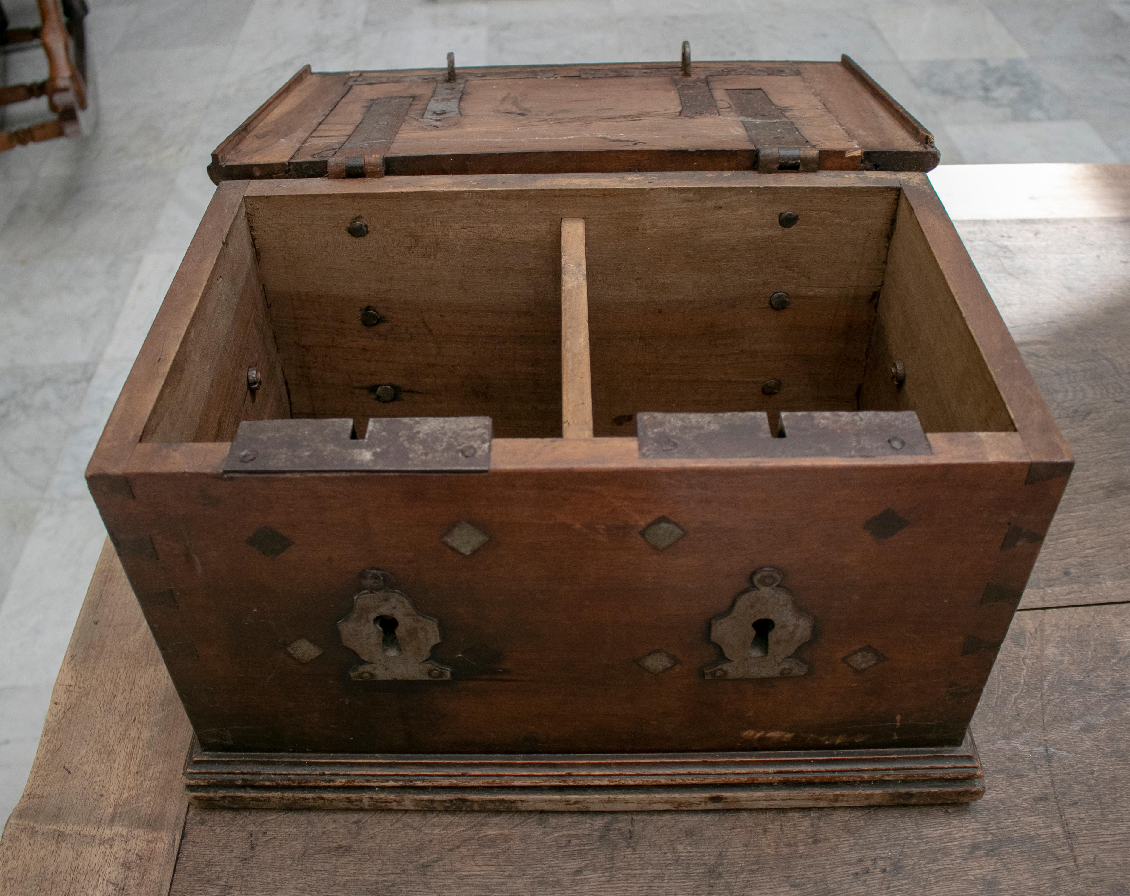 18th Century Spanish Walnut Strongbox Safe with Two Locks and Iron Fittings 6