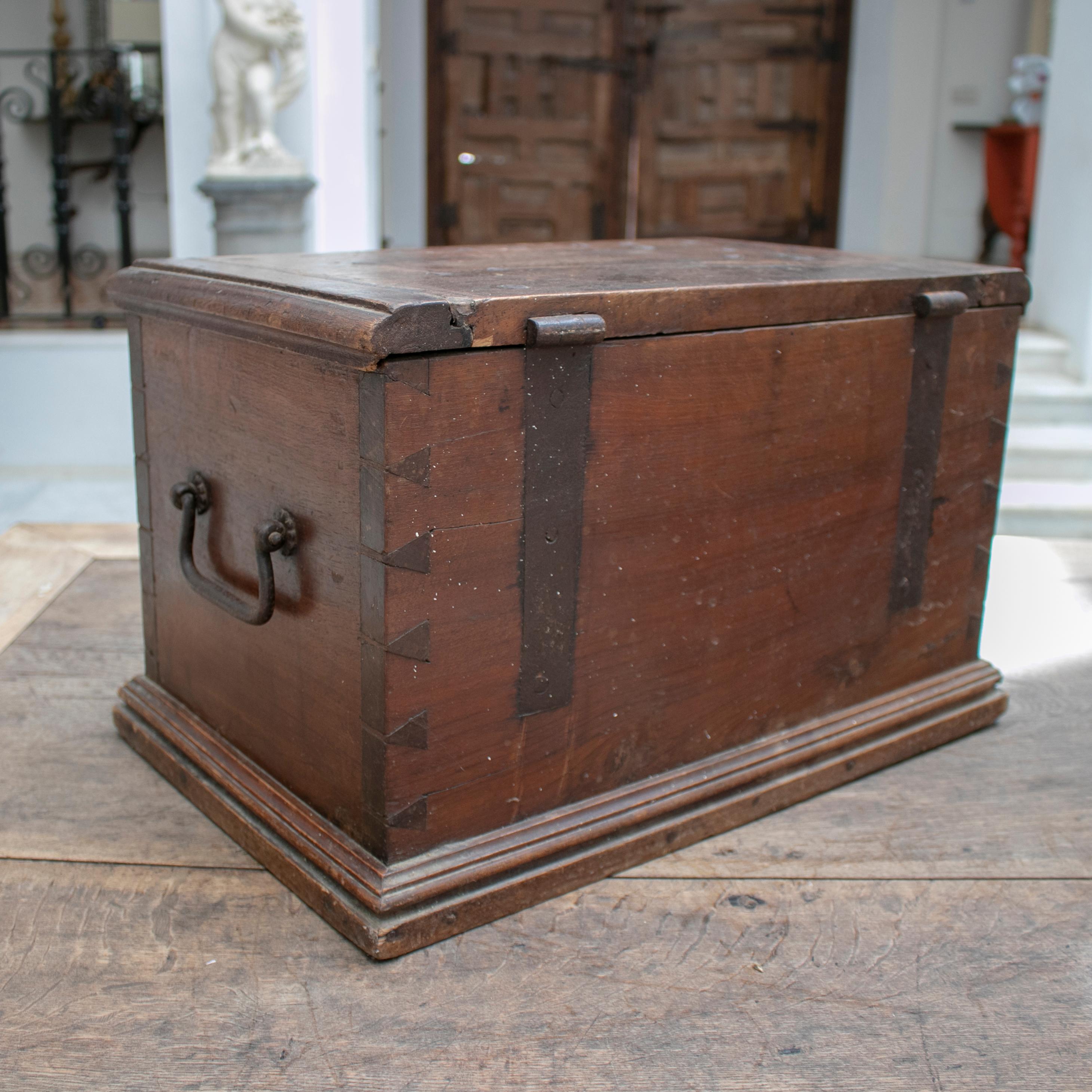 18th Century Spanish Walnut Strongbox Safe with Two Locks and Iron Fittings 1