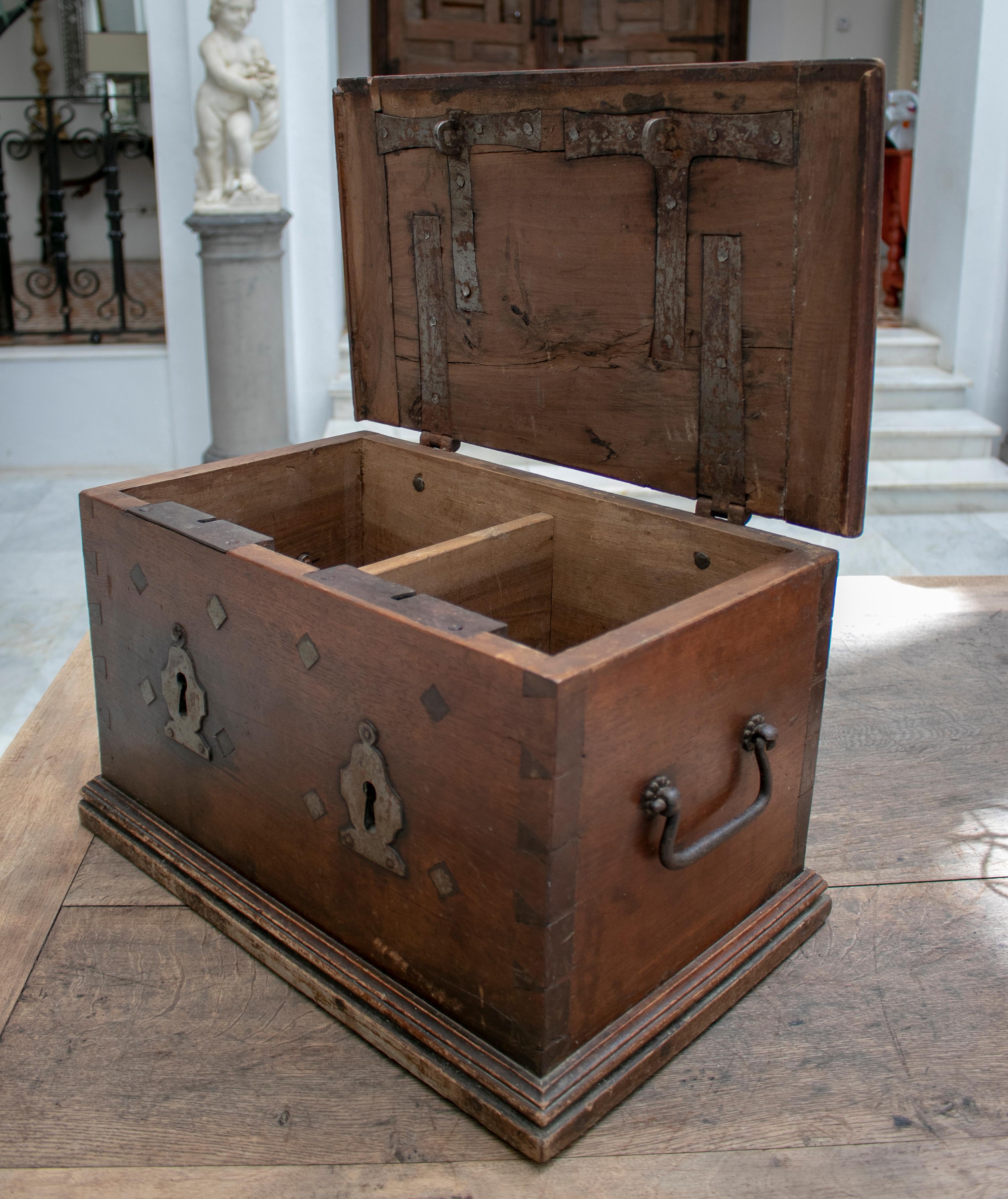 18th Century Spanish Walnut Strongbox Safe with Two Locks and Iron Fittings 3