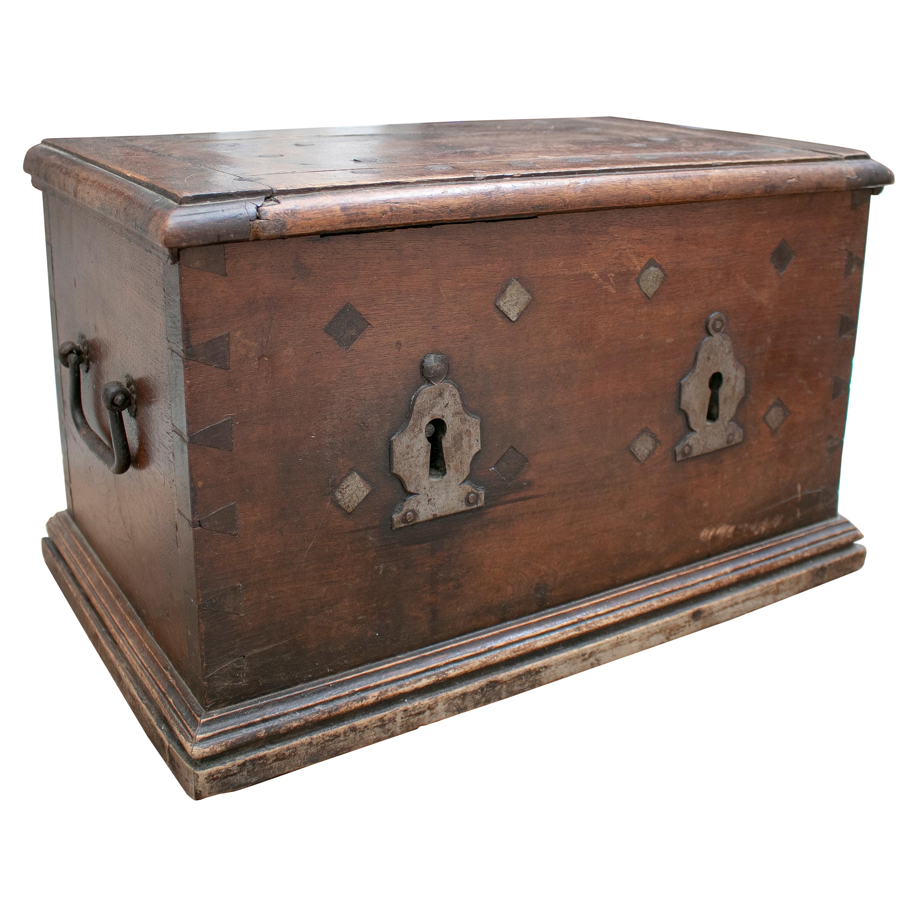 18th Century Spanish Walnut Strongbox Safe with Two Locks and Iron Fittings
