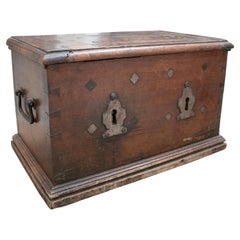 Antique 18th Century Spanish Walnut Strongbox Safe with Two Locks and Iron Fittings