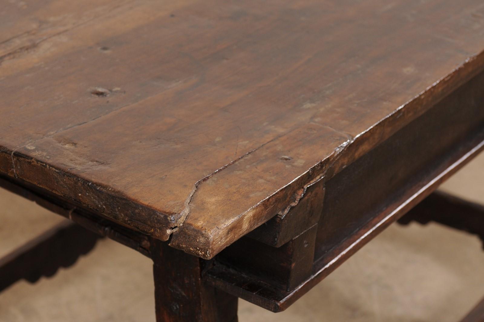 18th Century Spanish Walnut Table W/Two Drawers & a Nicely-Carved Box Stretcher  For Sale 6