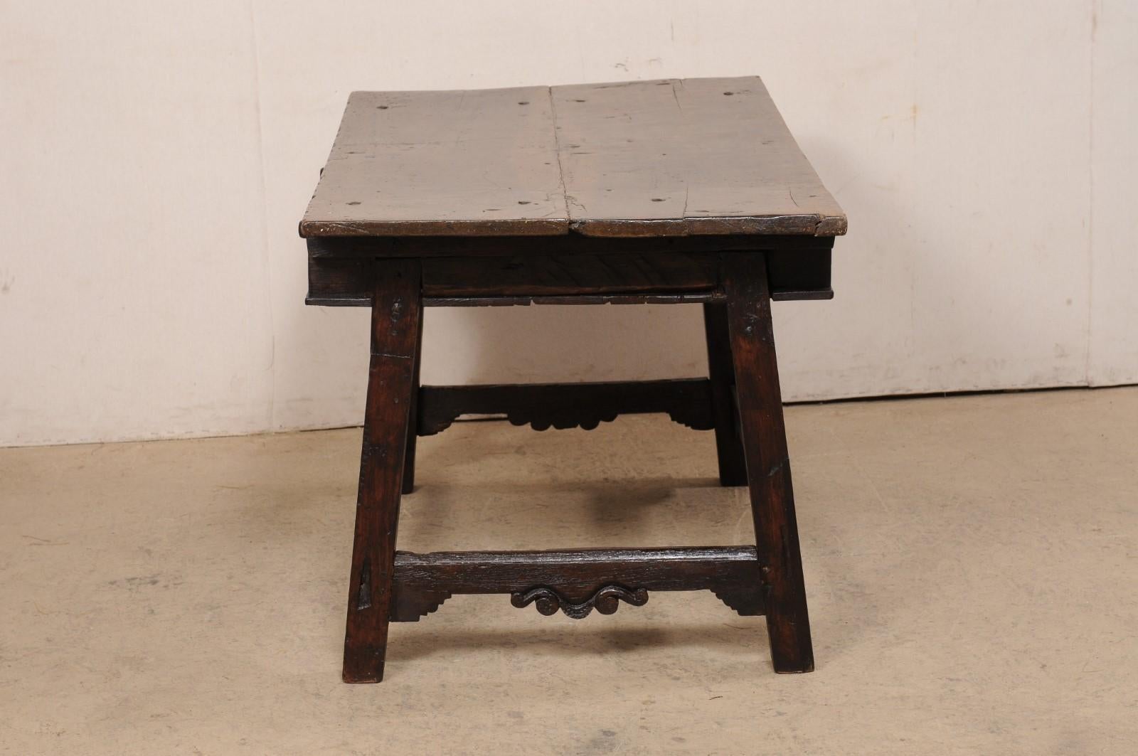 18th Century Spanish Walnut Table W/Two Drawers & a Nicely-Carved Box Stretcher  For Sale 7