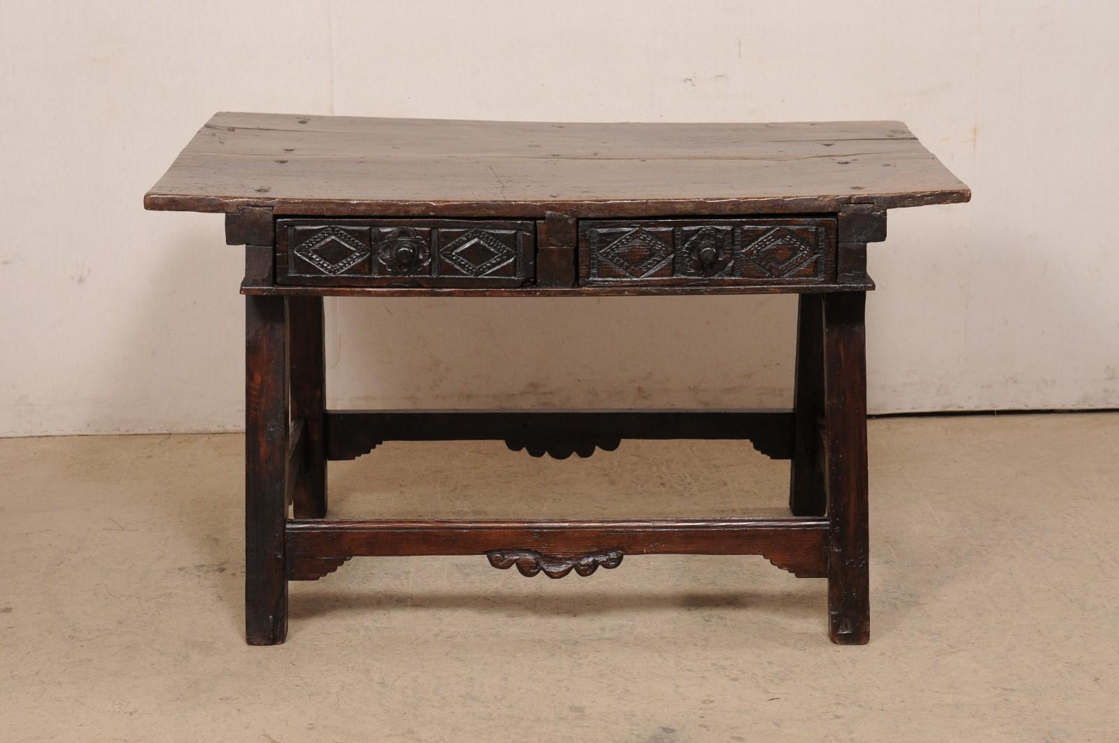 18th Century Spanish Walnut Table W/Two Drawers & a Nicely-Carved Box Stretcher  For Sale 8