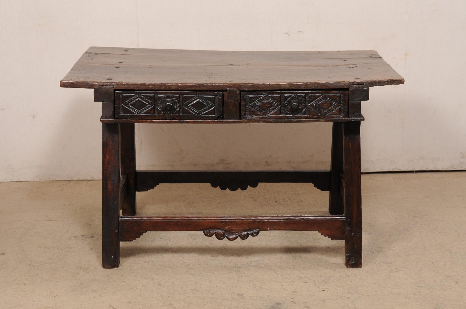 18th Century Spanish Walnut Table W/Two Drawers & a Nicely-Carved Box Stretcher For Sale 8
