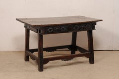 18th Century Spanish Walnut Table W/Two Drawers & a Nicely-Carved Box Stretcher