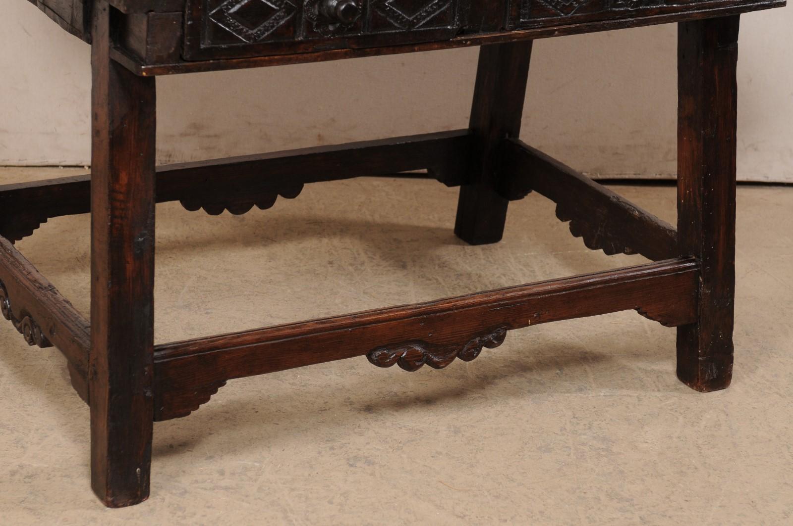 18th Century and Earlier 18th Century Spanish Walnut Table W/Two Drawers & a Nicely-Carved Box Stretcher  For Sale