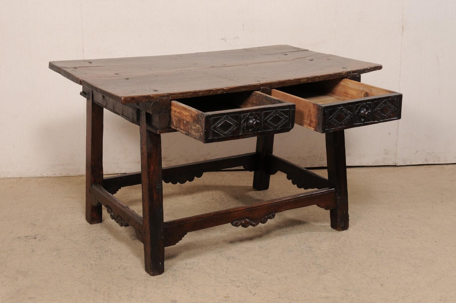 18th Century Spanish Walnut Table W/Two Drawers & a Nicely-Carved Box Stretcher  For Sale 1