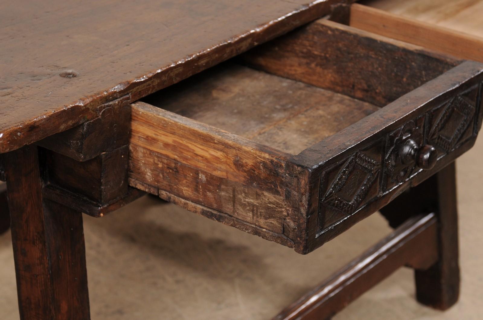 18th Century Spanish Walnut Table W/Two Drawers & a Nicely-Carved Box Stretcher  For Sale 2