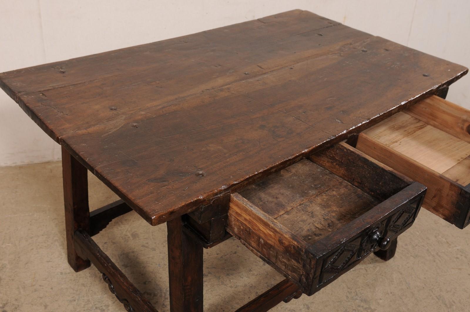 18th Century Spanish Walnut Table W/Two Drawers & a Nicely-Carved Box Stretcher  For Sale 3