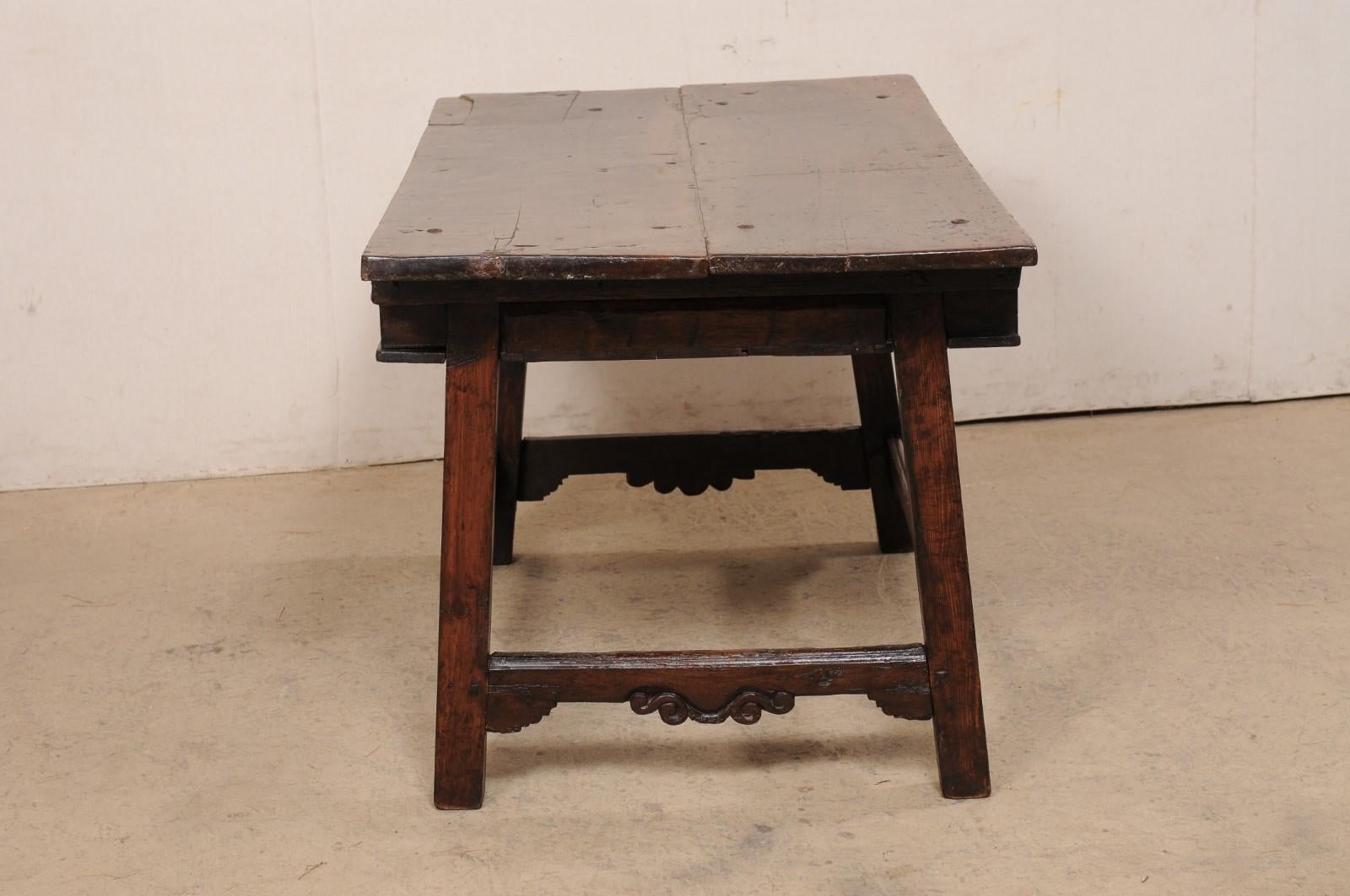 18th Century Spanish Walnut Table W/Two Drawers & a Nicely-Carved Box Stretcher  For Sale 4