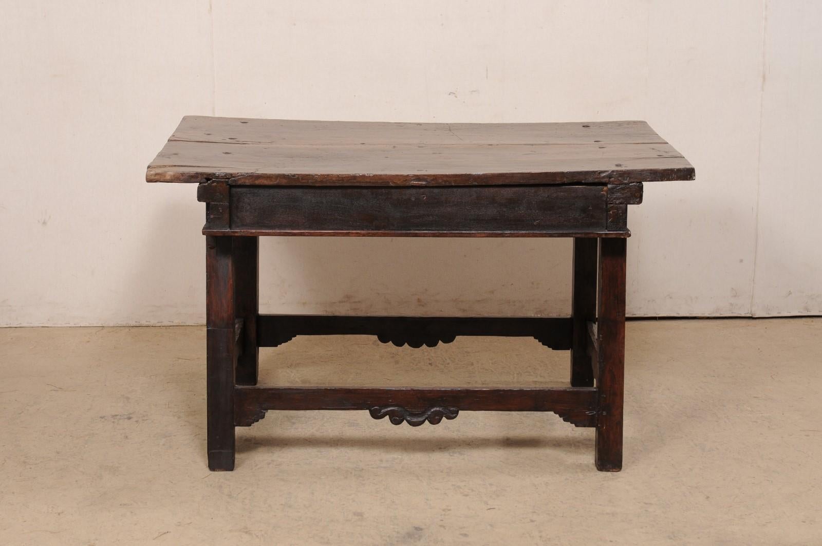 18th Century Spanish Walnut Table W/Two Drawers & a Nicely-Carved Box Stretcher  For Sale 5
