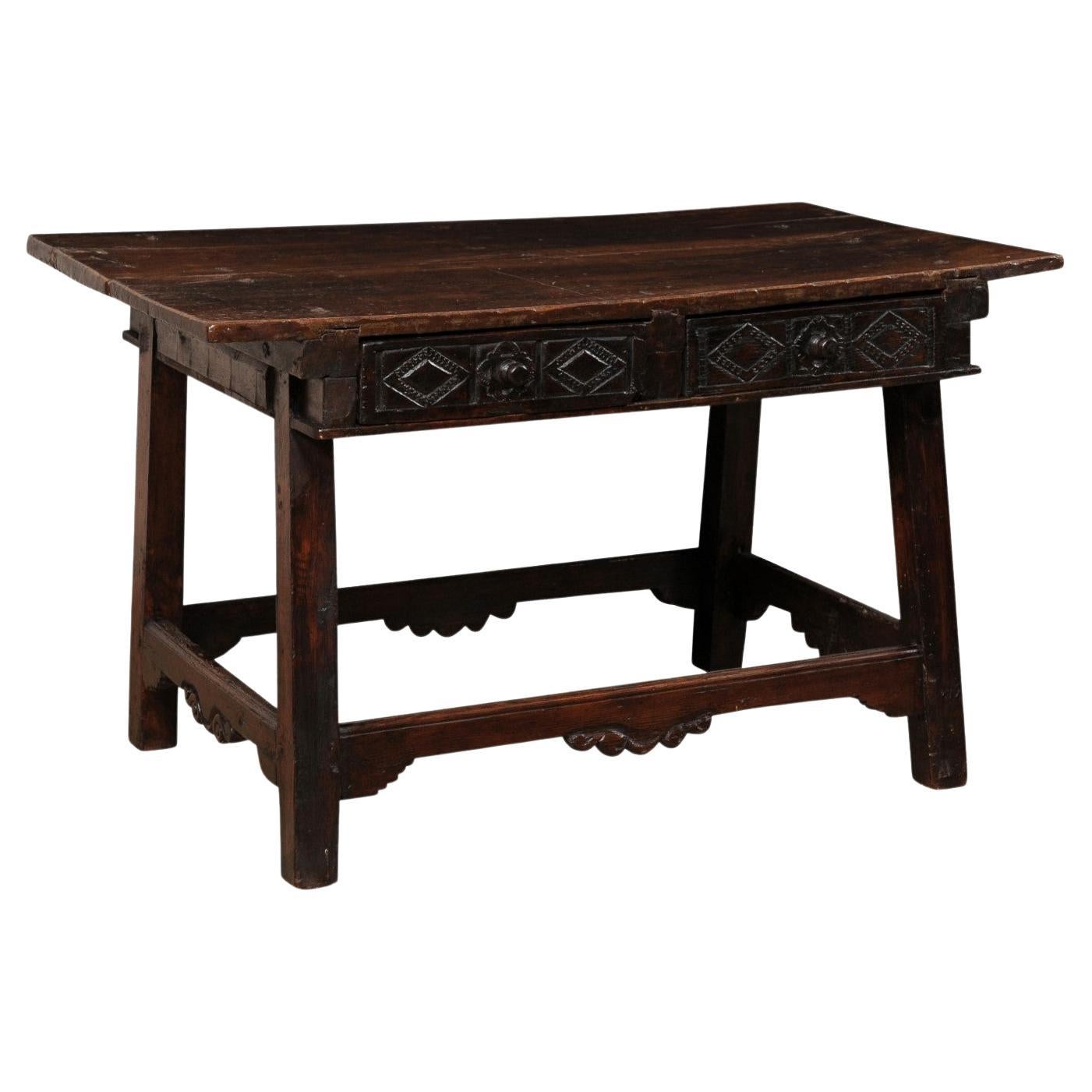 18th Century Spanish Walnut Table W/Two Drawers & a Nicely-Carved Box Stretcher  For Sale