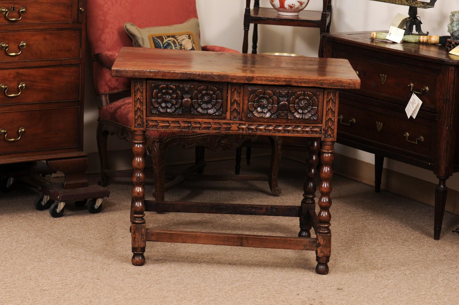 18th Century Spanish Walnut Table with Carved Frieze and 2 Drawers For Sale 11