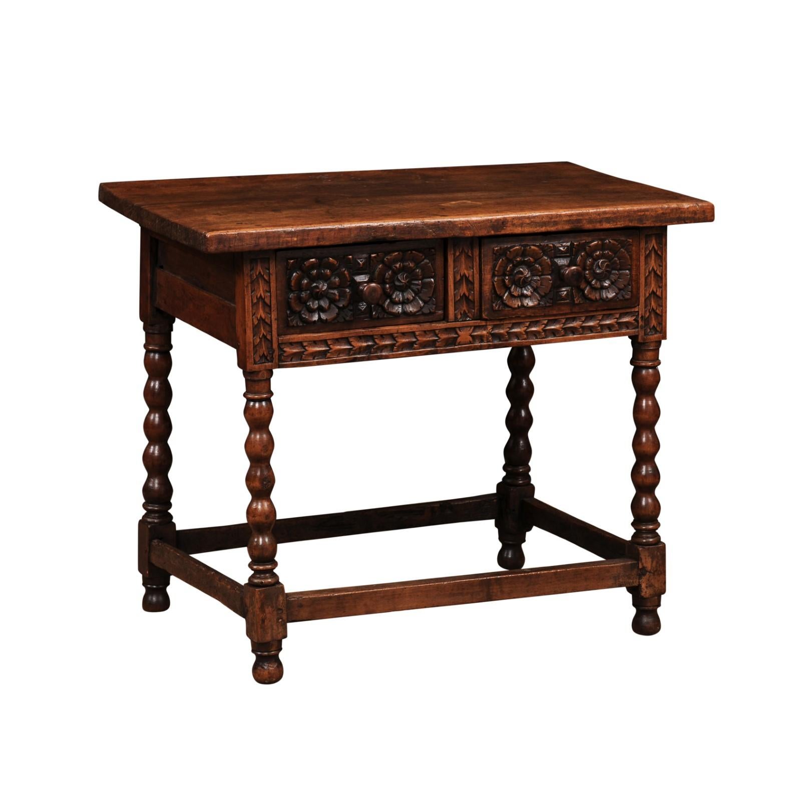 18th Century Spanish Walnut Table with Carved Frieze and 2 Drawers In Good Condition For Sale In Atlanta, GA