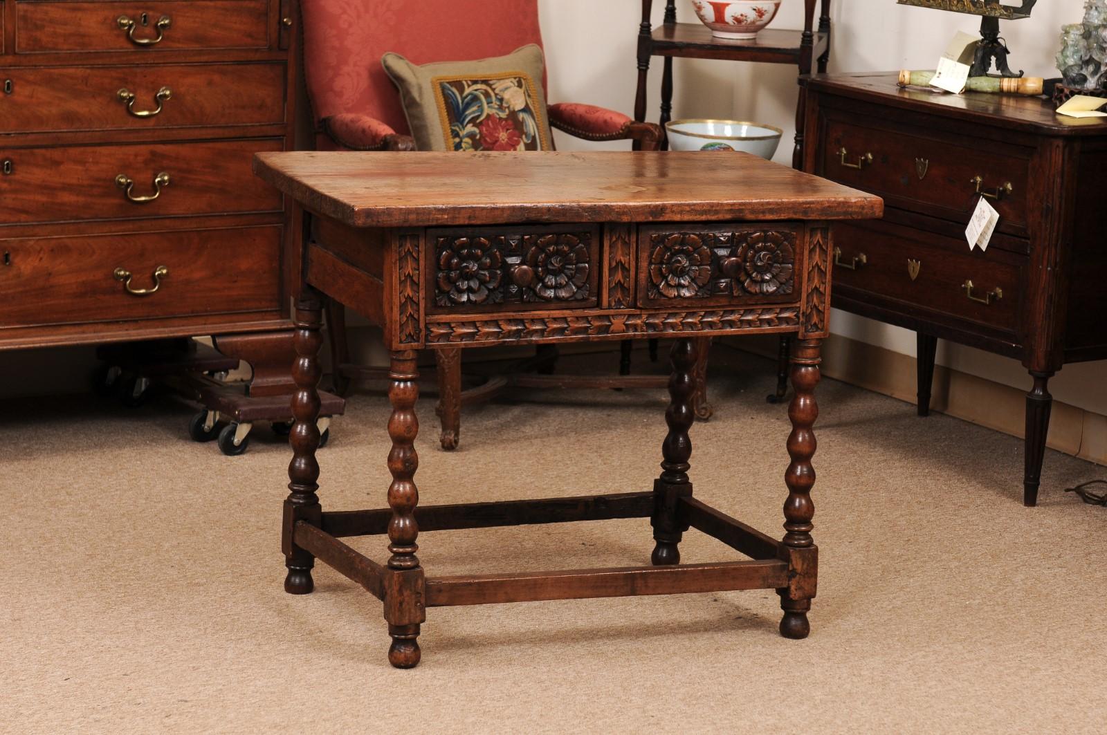 18th Century and Earlier 18th Century Spanish Walnut Table with Carved Frieze and 2 Drawers For Sale