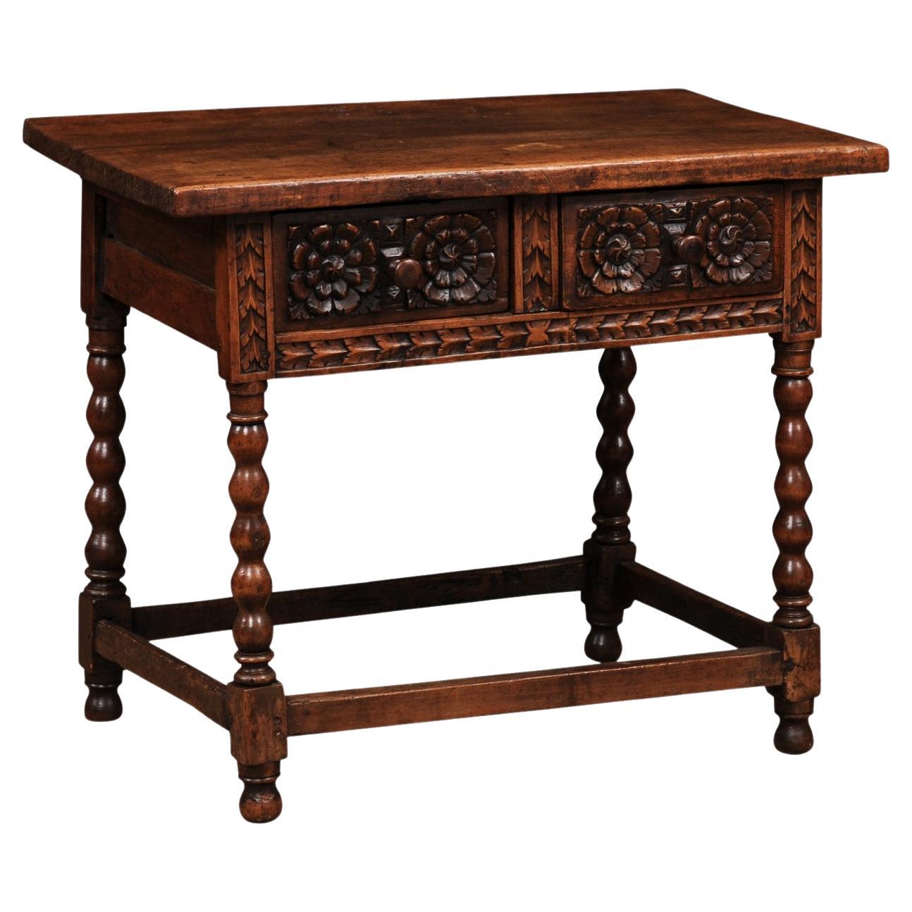 18th Century Spanish Walnut Table with Carved Frieze and 2 Drawers