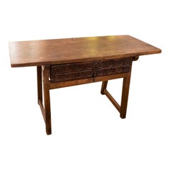 18th Century Spanish Walnut Table with Drawer Decorated with Circles and Fitting