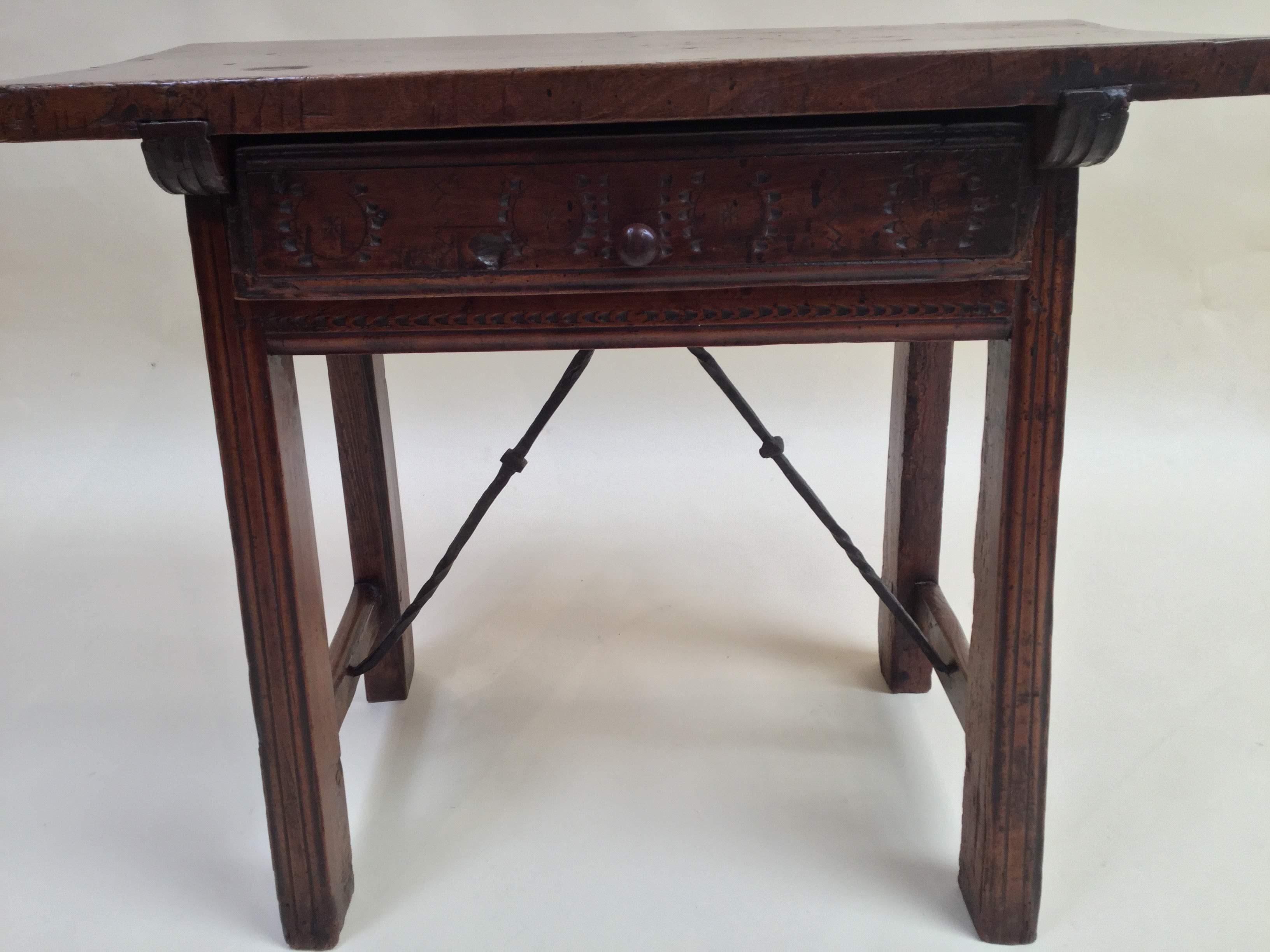 Hand-Crafted 18th Century Spanish Walnut Table with Iron Stretcher For Sale