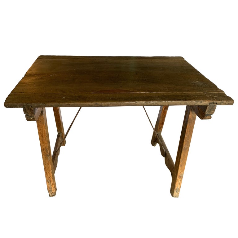 18th Century Spanish Walnut Table With Iron Stretcher For Sale