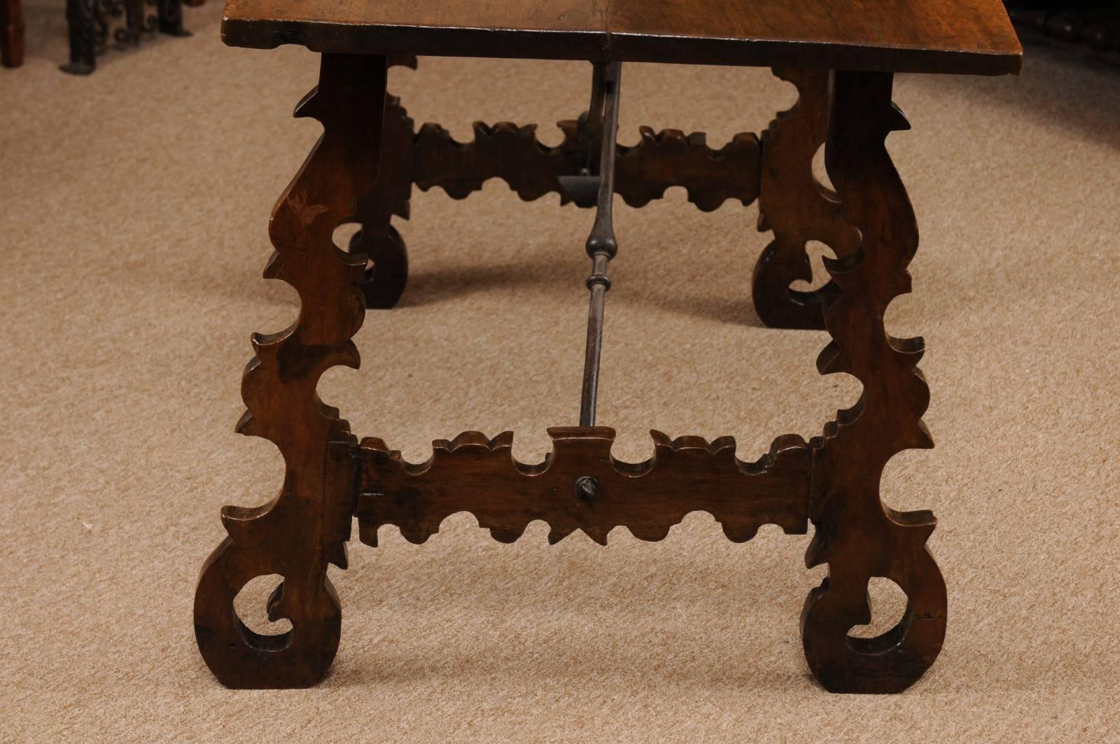 Wrought Iron 18th Century Spanish Walnut Table with Lyre Legs