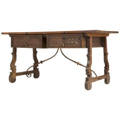 18th Century Spanish Walnut Trestle Table and Iron Stretcher