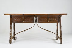 18th Century Spanish Walnut Trestle Table and Iron Stretcher