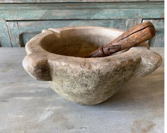 18th Century Spanish White Marble Mortar and Pestle with Moss Patina