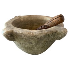 18th Century Spanish White Marble Mortar and Pestle with Moss Patina
