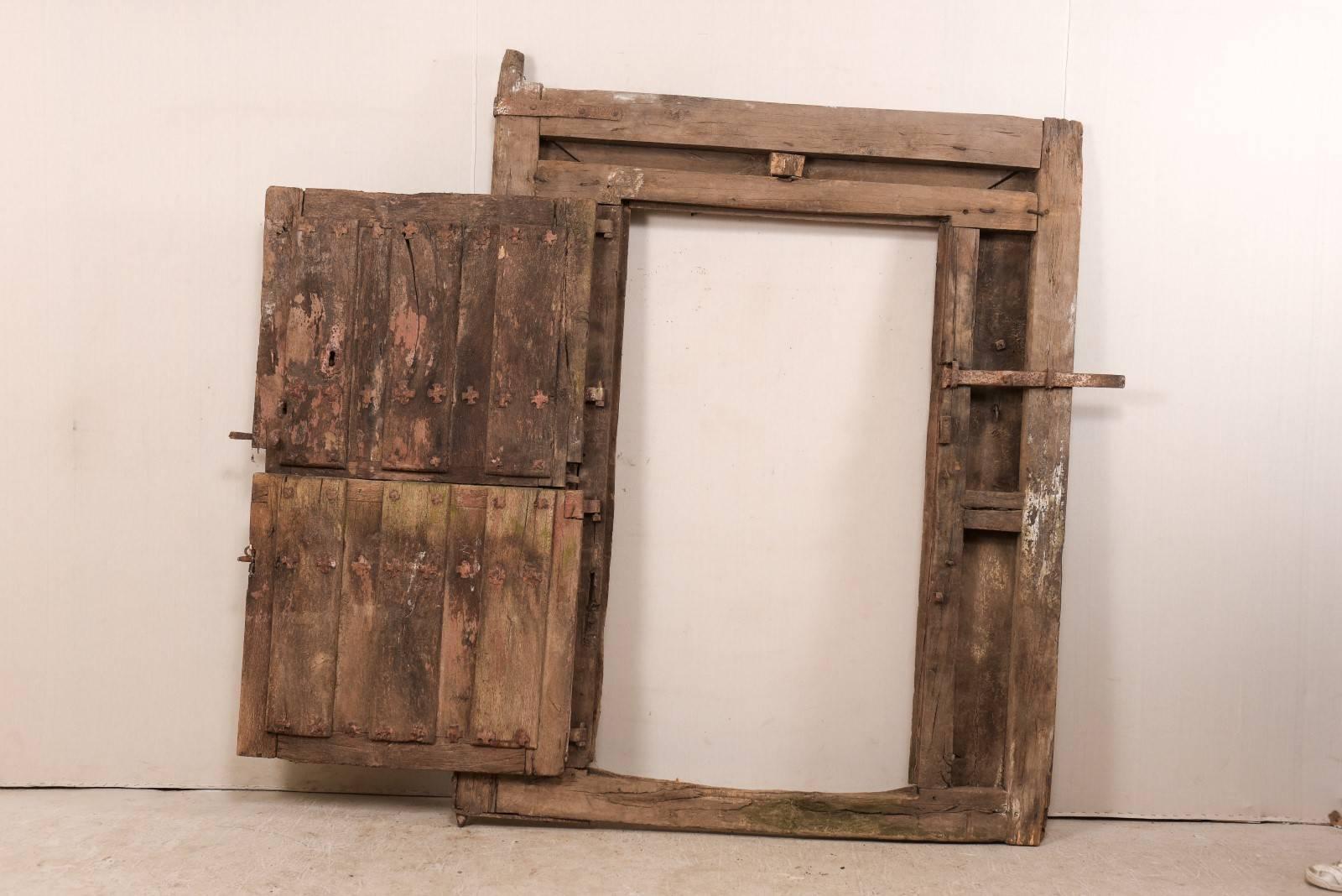 18th Century and Earlier 18th Century Spanish Wood & Iron Split-Door Within it's Original Casing For Sale