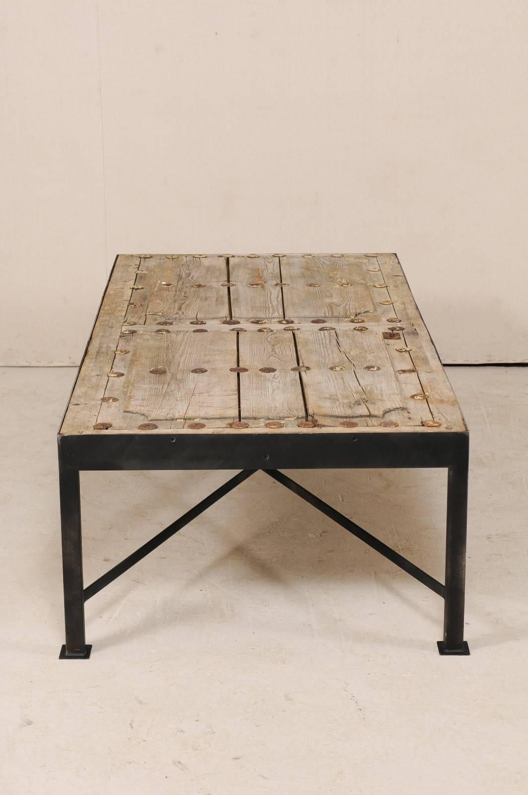 18th Century and Earlier 18th Century Spanish Wood Door Made Rustic Coffee Table with Custom Metal Legs