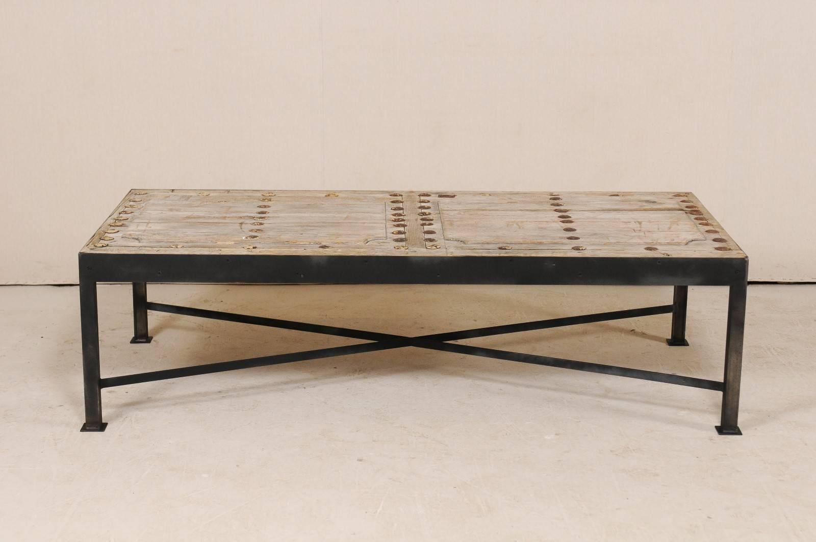 18th Century Spanish Wood Door Made Rustic Coffee Table with Custom Metal Legs 1