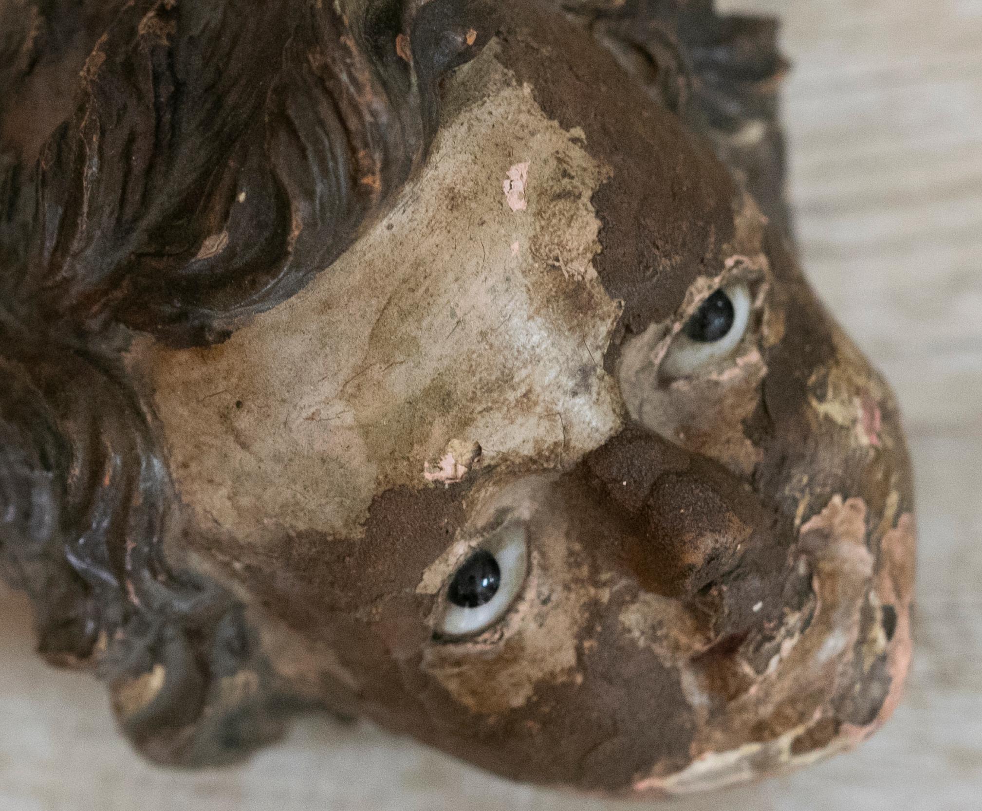 18th Century Spanish Wooden Angel's Head with Vitreous Paste Eyes For Sale 8