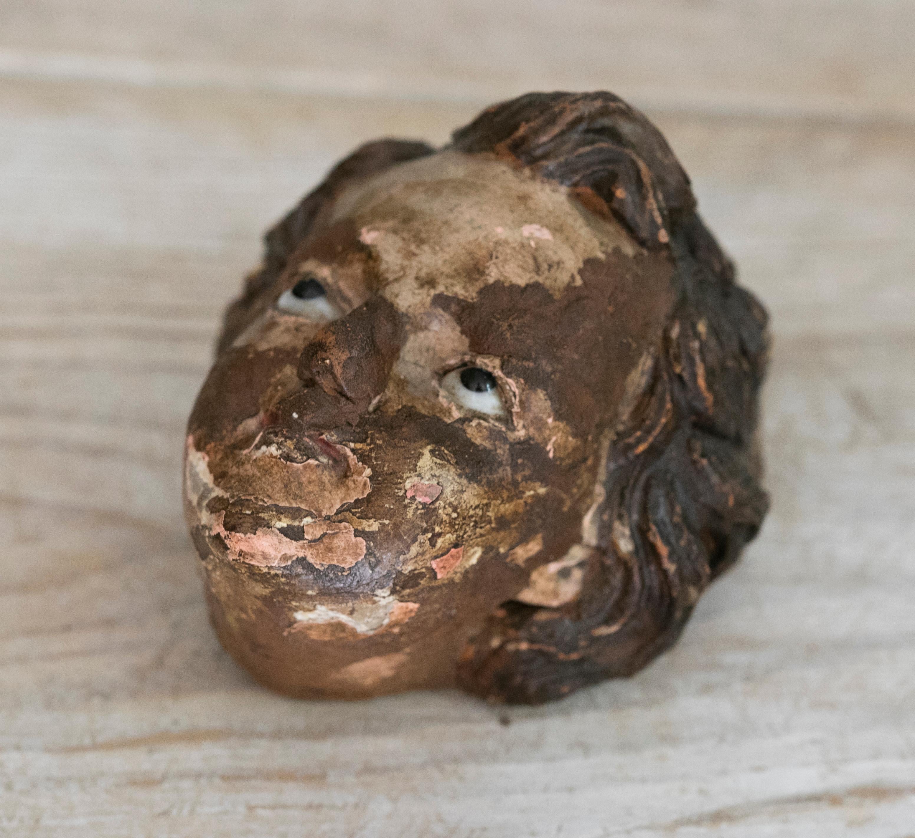 18th Century Spanish Wooden Angel's Head with Vitreous Paste Eyes In Good Condition For Sale In Marbella, ES