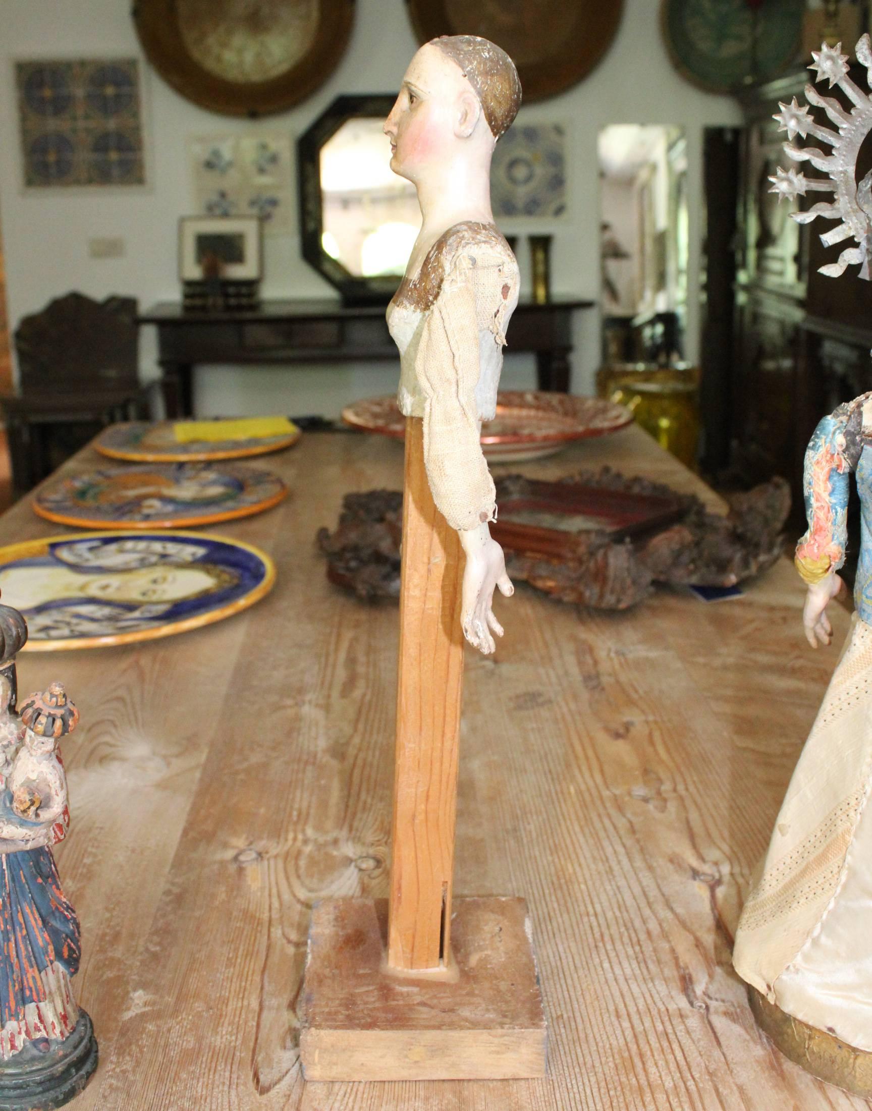 Polychromed 18th Century Spanish Wooden Sculpture with Original Clothing For Sale