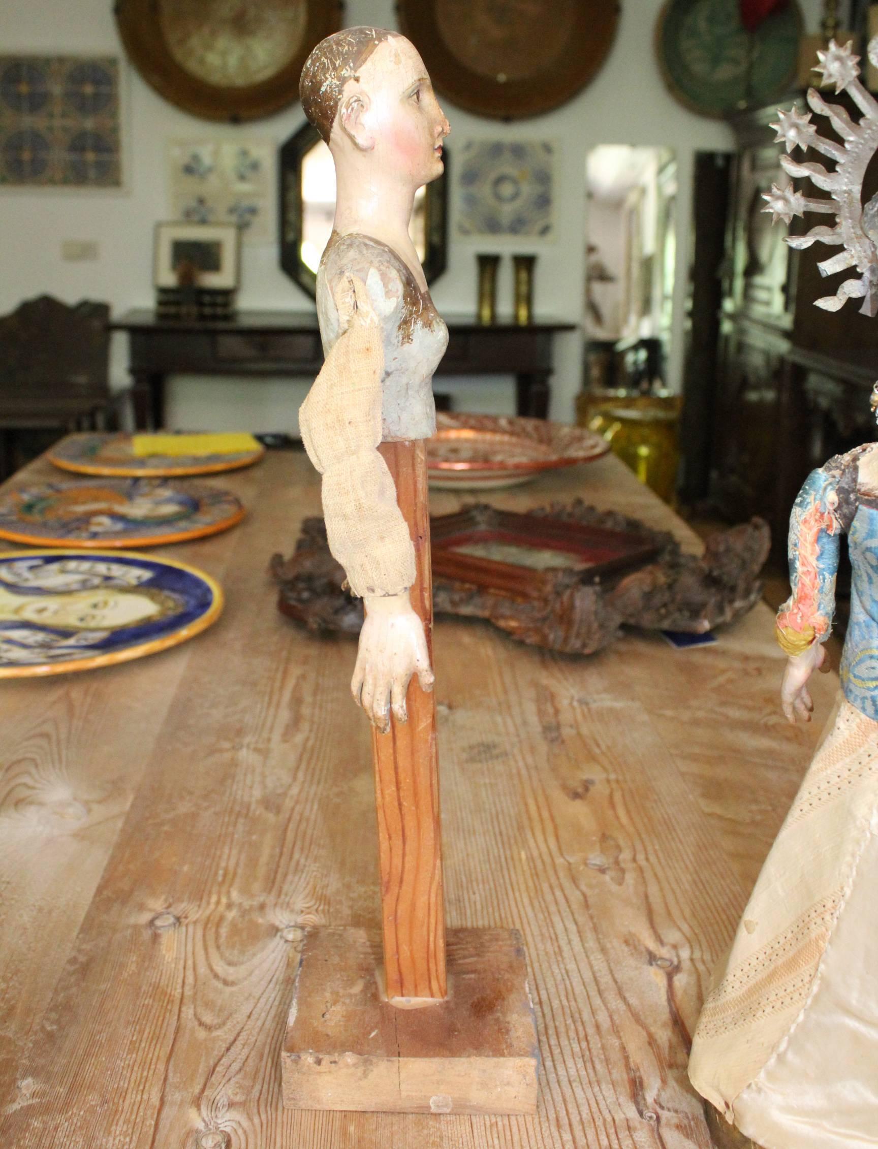 18th Century Spanish Wooden Sculpture with Original Clothing For Sale 3
