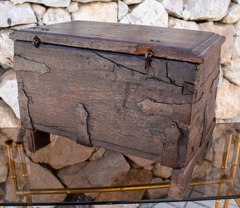 18th Century Spanish Wooden Trunk with Iron Hardware For Sale at