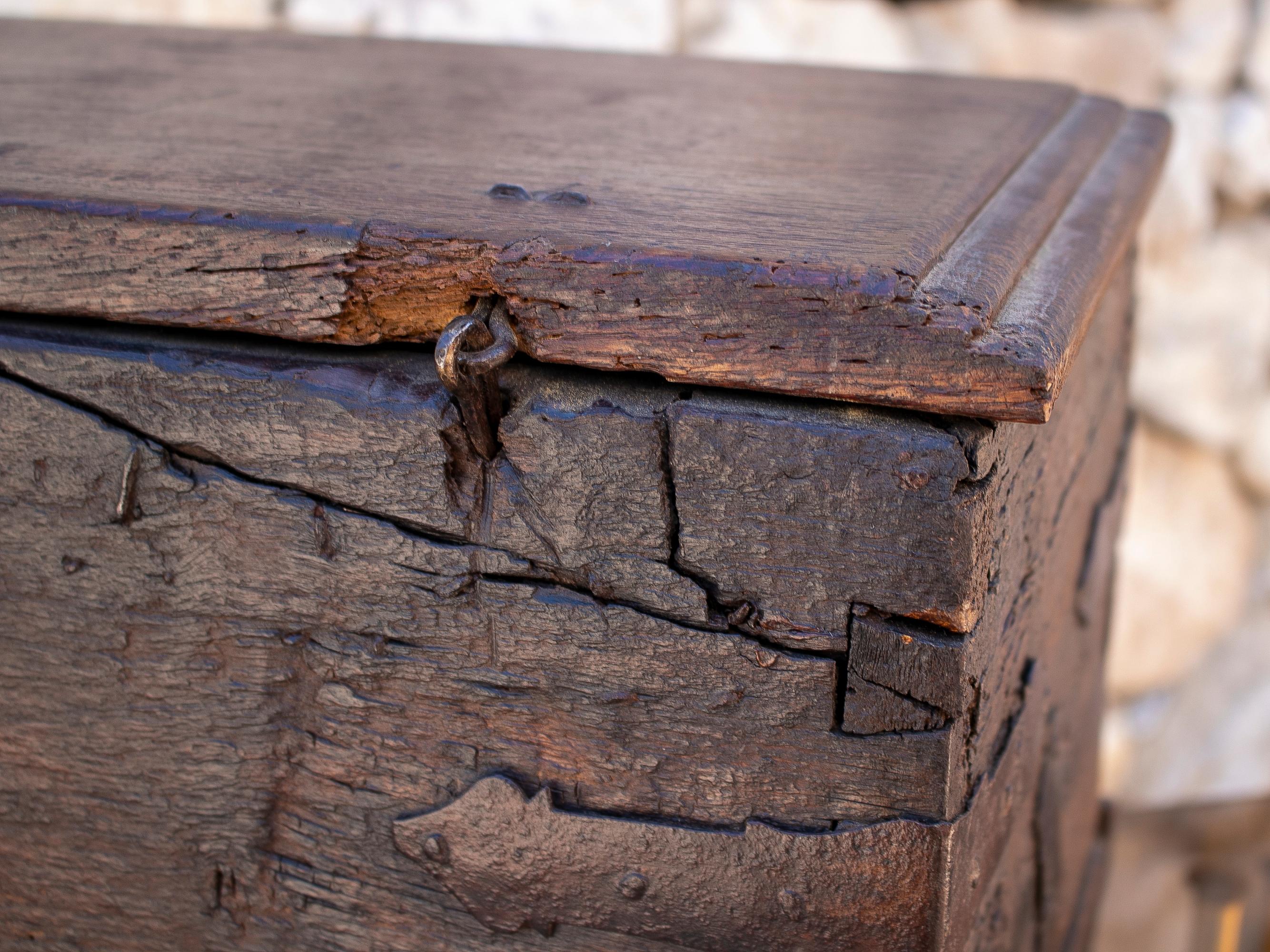 18th Century and Earlier 18th Century Spanish Wooden Trunk with Iron Hardware For Sale