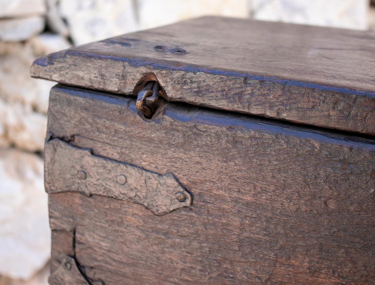 18th Century Spanish Wooden Trunk with Iron Hardware For Sale at