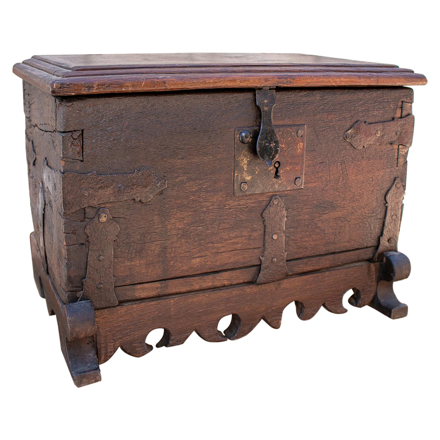 18th Century Spanish Wooden Trunk with Iron Hardware