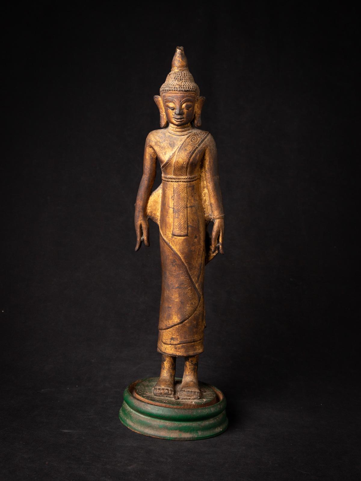 Ce Bouddha Shan debout en bronze ancien est une pièce de dévotion du XVIIIe siècle provenant de Birmanie (Myanmar), réalisée dans le style traditionnel Shan (Tai Yai). Réalisée en bronze et dorée à l'or fin, elle mesure 48,5 cm de haut, 14,9 cm de