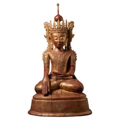 18th century special antique Burmese crowned Buddha statue in Bhumisparsha Mudra