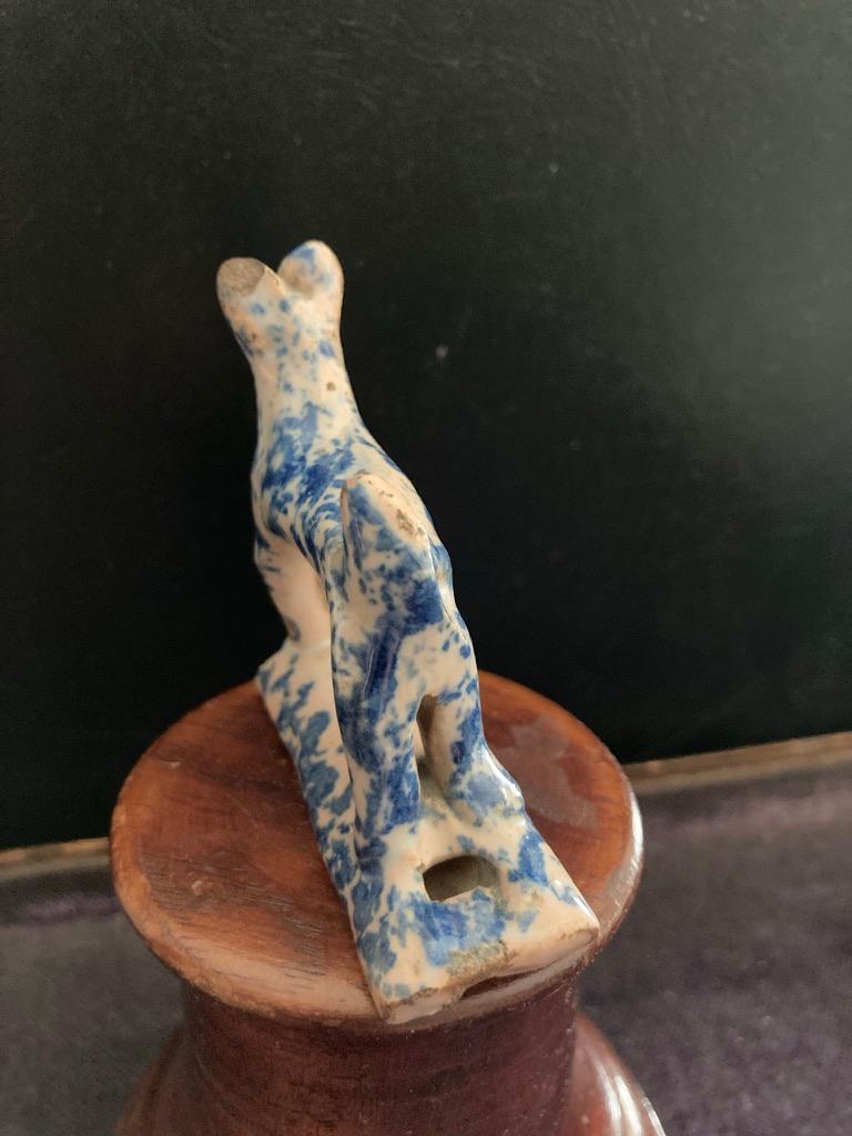 English 18th Century Staffordshire Blue and White Glazed Dog Whistle For Sale