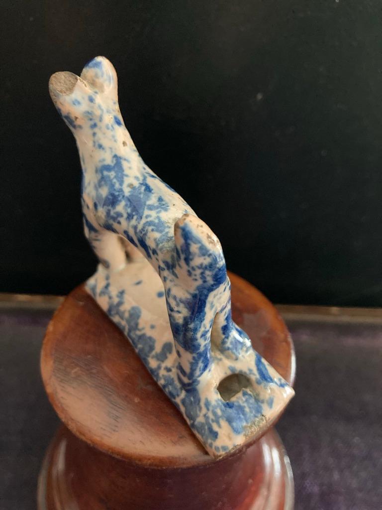 Ceramic 18th Century Staffordshire Blue and White Glazed Dog Whistle For Sale
