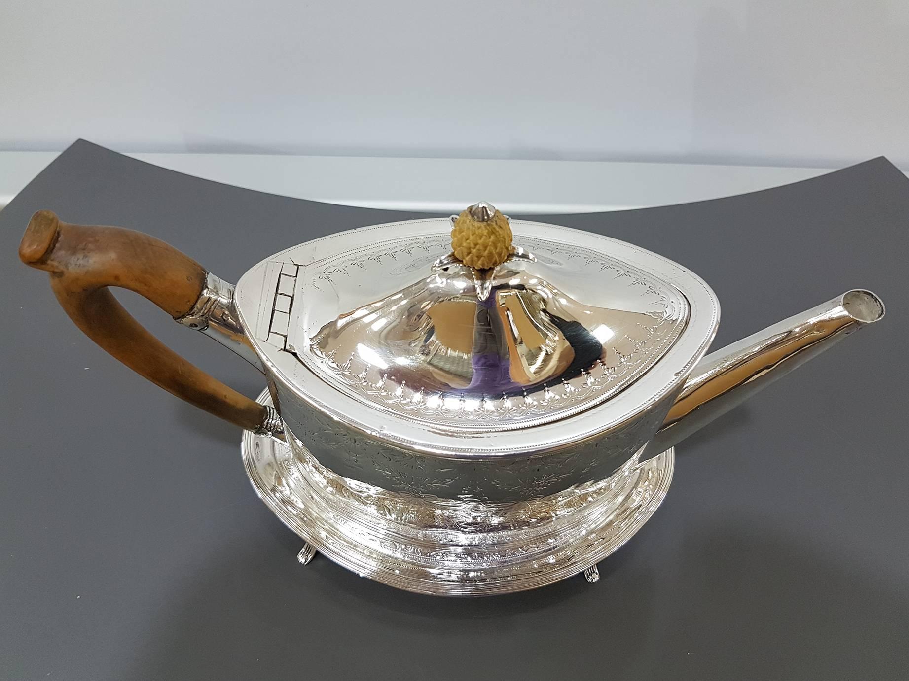18th Century Sterling Silver Oval Engraved Teapot on Stand by Peter Ann Bateman 5